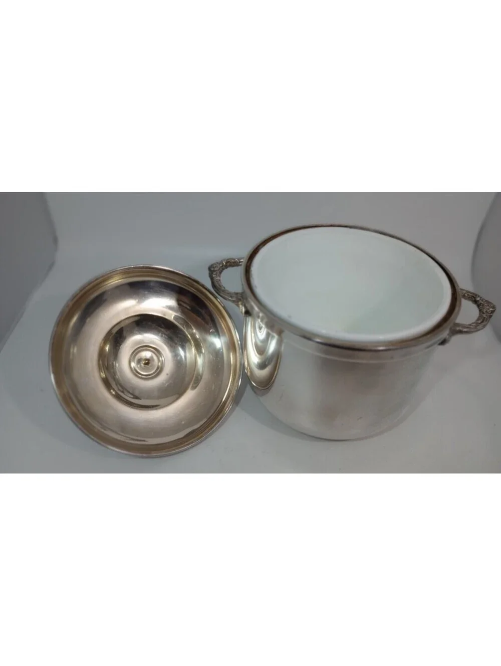 Vintage SHERIDAN Silver Plate Milk Glass Liner Ice Bucket with Lid Ornate Handle